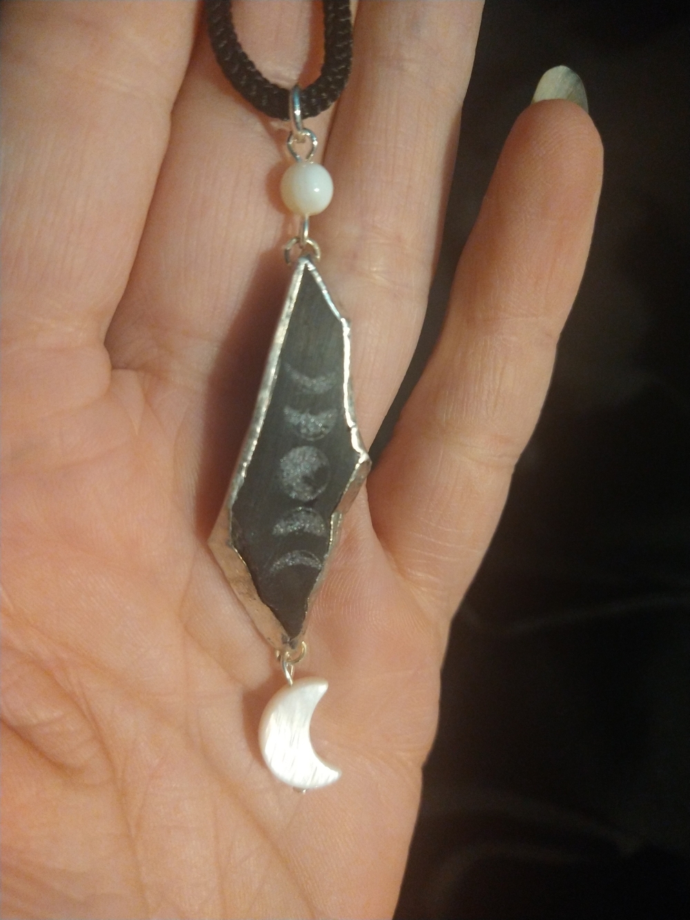 Black Marble Engraved Moon Phase Pendant with White Shell Crescent-gothic